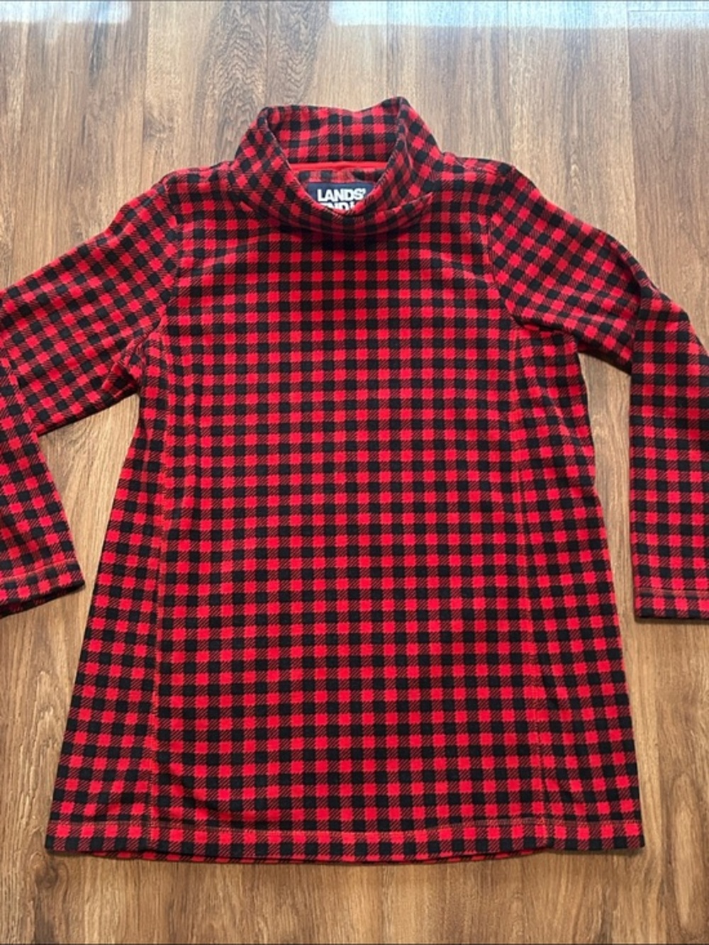 Lands' End Red and Black Buffalo Plaid Check Cozy Turtleneck Tunic L Large 14 16